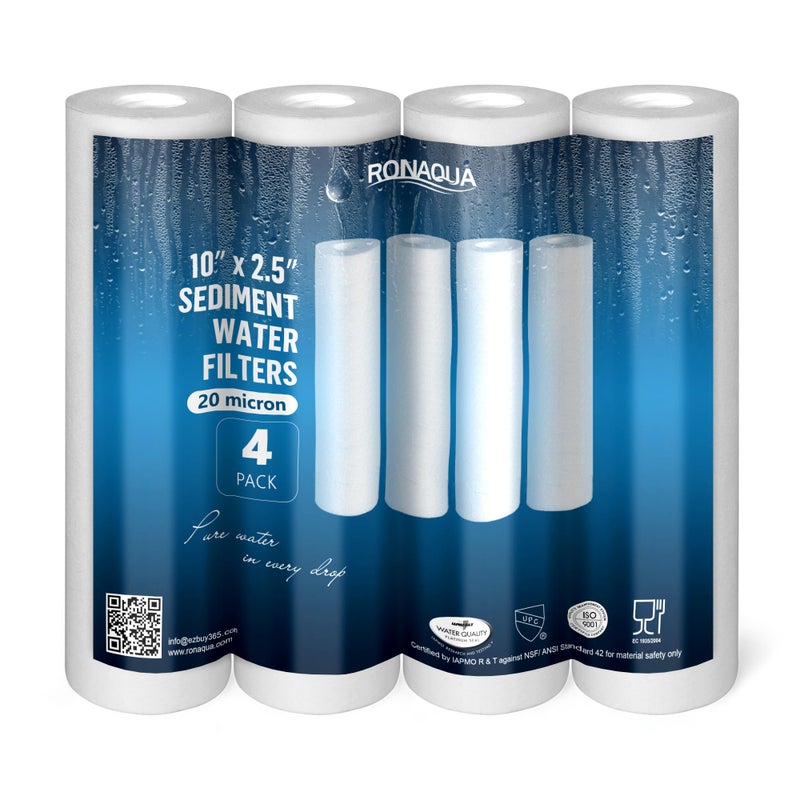 Ronaqua 20 Micron Sediment Water Filter Cartridge 10"x2.5", NSF Certified, 4-Layer Filtration for any 10-inch RO Units & Whole House Systems, Compatible with Culligan P5, AP110, WHKF-GD05, 4 Pack - Image 1